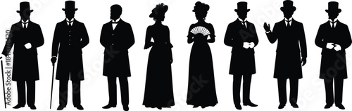 Victorian silhouettes of men and women, antique fashion illustration, historical clothing design, cultural heritage art, retro costume figures, vintage style icons