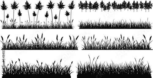 Vegetation silhouettes collection, grass and plant illustrations, natural foliage elements, botanical design resources, landscape ecology art, isolated vector nature patterns