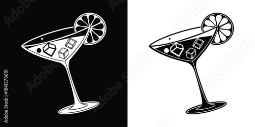 A stylized black and white illustration of a martini glass filled with ice and a lemon slice, set against a contrasting background