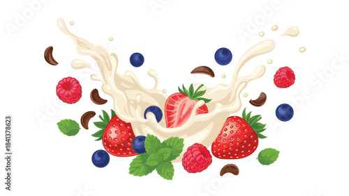 Fresh strawberries, blueberries, raspberries, and coconut flakes with splashing milk on a for healthy eating and nutrition concepts