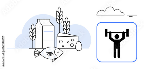Health and fitness concept. A graphic combining food groups thumbs up dairy, fish, and grains with a fitness icon of weightlifting. Promotes healthy eating, exercise, and wellness. For nutrition