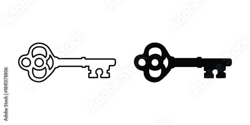 Vintage Skeleton Key Outline and Silhouette Vector Set for Craft and Design
