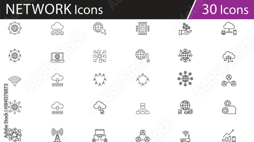 Network icons set, digital connectivity symbols, vector illustration for cloud computing, data sharing, wireless communication, global technology visuals