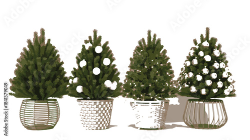 A festive arrangement of four miniature decorated Christmas trees in decorative pots, ready for holiday season celebrations and seasonal home decor