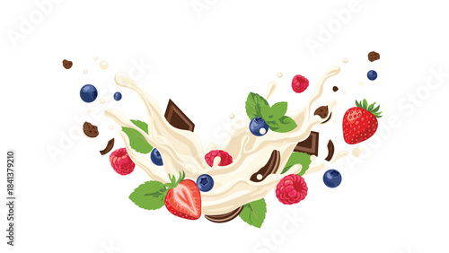 A colorful arrangement of strawberries, blueberries, raspberries, chocolate, and cream on a, depicting a dessert or snack concept