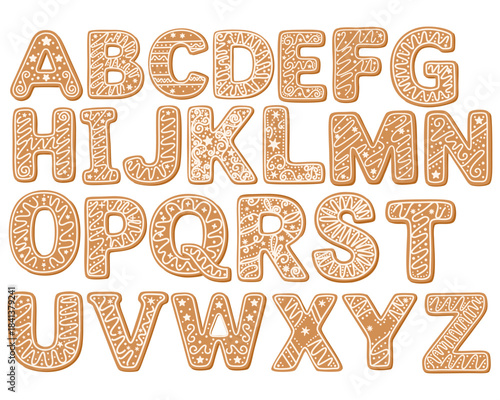 Christmas gingerbread cookies alphabet with icing decoration. Winter homemade sweet cookies in festive shapes. Biscuit letters for xmas holiday message. Vector illustrations set