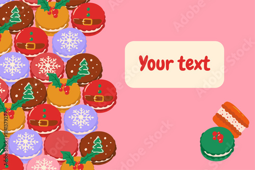 Scattered Christmas macarons in bright festive colors on a pink background. Cute winter sweets illustration for holiday designs, packaging, and d cor.