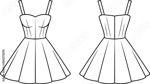Spaghetti strap fit and flare dress technical drawing front and back view vector illustration fashion design template