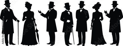 Victorian silhouettes of men and women, historical fashion illustration, vintage clothing design, cultural heritage art, antique costume figures, retro style icons