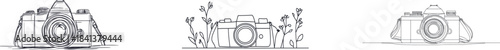 A modern digital camera is illustrated in a minimalist style, using a single line and hand-drawn techniques to represent the technology gadget