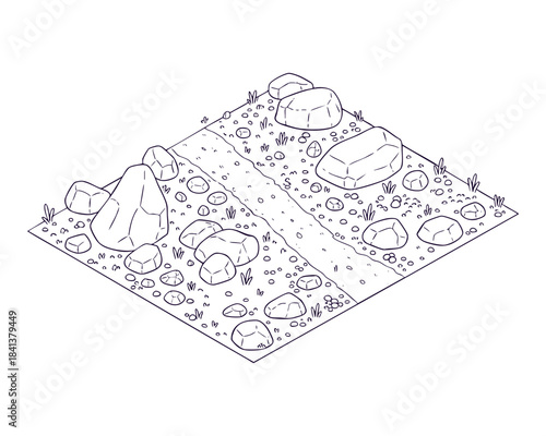 Isometric rocky forest line art illustration