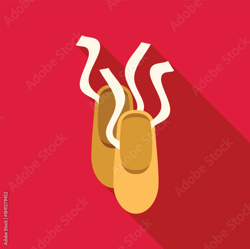 Ballet pointe shoes in a flat design style hanging on a red background