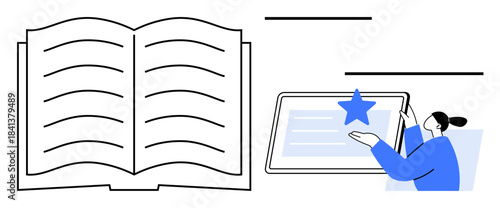 Education, digital media, e-learning, publishing, technology, online reading. Open book next to a digital tablet with a person interacting. Education and digital media concept