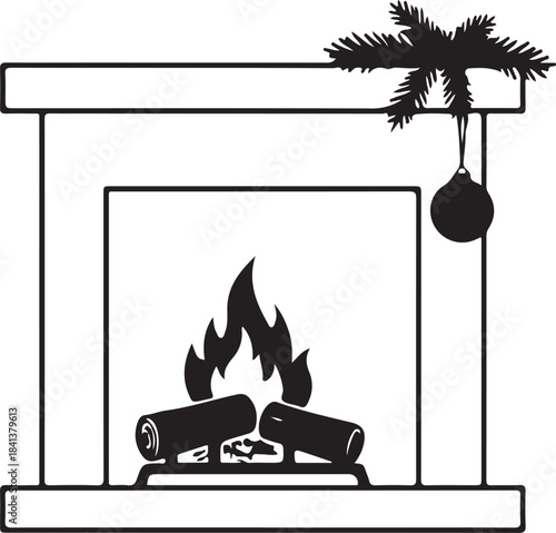 Fireplace with burning logs and festive decorations.