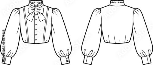 Victorian bow blouse technical drawing front and back view vector illustration fashion design template isolated white background