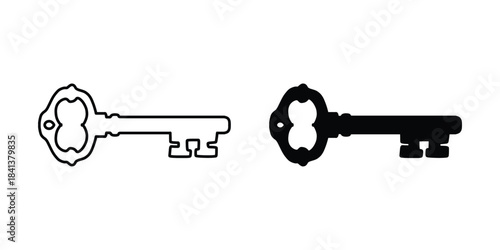 Old-Fashioned Lock Key Outline and Filled Vector for DIY and Digital Projects