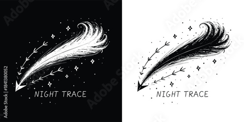 Abstract comet tail or feather shape with arrows and stars, labeled night trace, on black and white backgrounds