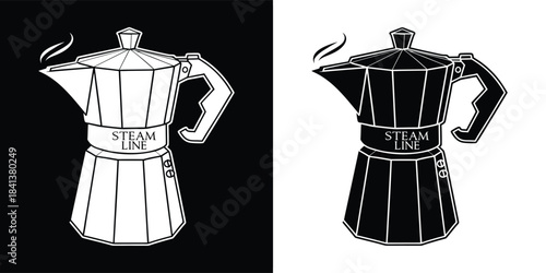 Classic italian moka pot for brewing coffee, depicted in a graphic style with steam rising, presented in black and white