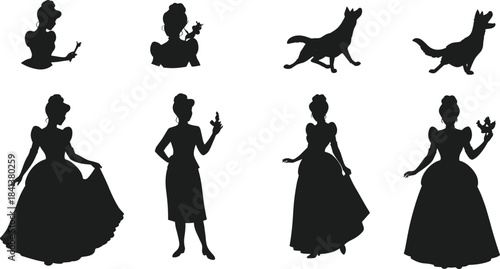 Woman silhouettes, fox silhouettes, fairy tale characters, elegant dress outline, animal companion, fantasy art, stylish figure, nature theme, fashion 
