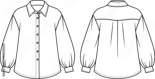 Women puff sleeve button down shirt technical drawing front and back view vector illustration fashion design template isolatedWomen puff sleeve 

