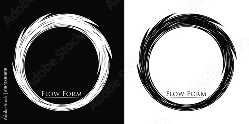 A circular brush stroke design in white on black and black on white, with the words flow form adding a touch of artistic expression and movement