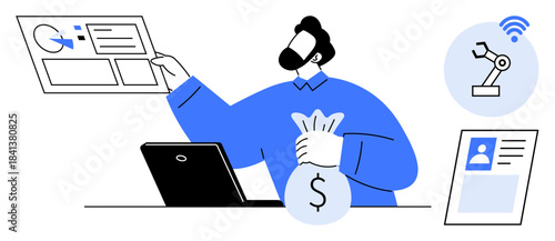 Financial automation concept. Financial systems leveraging robotics, data analytics, and technology for efficient processes. Financial tools for analysis, productivity, and innovation. Perfect