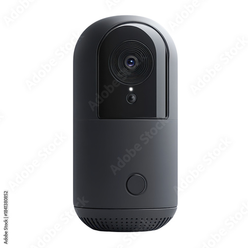 Modern black security camera with sleek design and infrared lens in studio lighting on white background for home surveillance isolated on transparent background