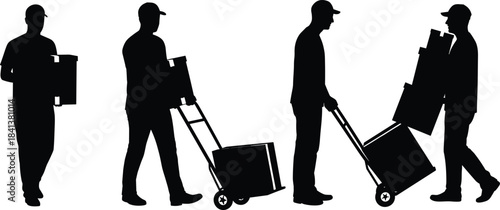Worker silhouettes carrying and moving boxes, delivery men with hand trucks, logistics transport, manual labor illustration, cargo handling, warehouse shipping efficiency