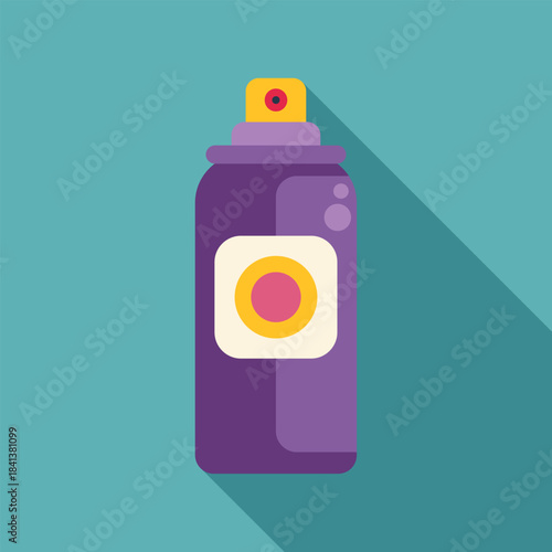Purple aerosol spray can with a yellow cap and a long shadow on a blue background