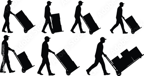 Worker silhouettes pushing hand trucks, delivery men moving boxes, logistics transport, manual labor illustration, cargo handling, warehouse shipping, freight movement, occupation