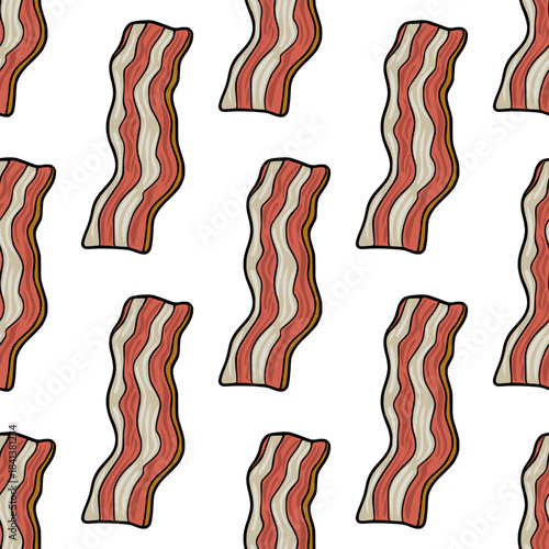 A charming seamless vector pattern featuring stylized strips of bacon with wavy textures in warm, inviting tones of pink, cream, and brown, set against a clean white background, perfect for culinar...