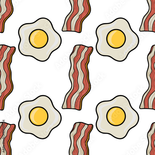 Seamless vector pattern of fried eggs and crispy bacon strips on a white background, perfect for breakfast-themed designs.