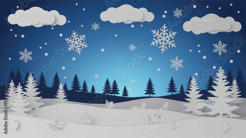 Paper cut style winter landscape illustration with snowy hills, pine trees, clouds, and falling snowflakes on a blue background