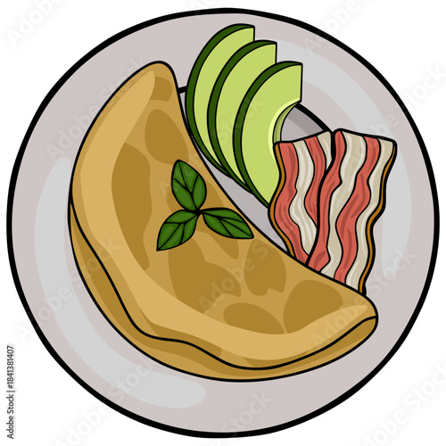 A delightful vector illustration of a breakfast plate featuring a golden omelet garnished with fresh green basil, alongside creamy avocado slices and strips of crispy bacon.