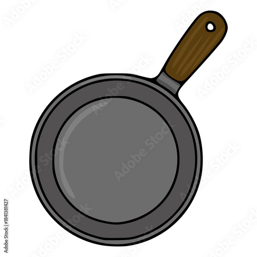A simple, stylized vector illustration of a frying pan with a brown wooden handle, isolated on a white background.