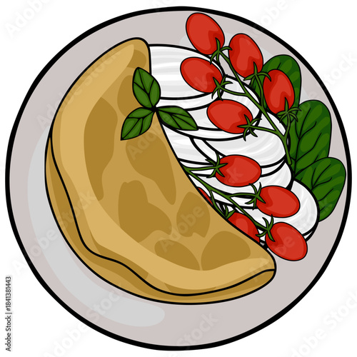 A simple vector illustration of a breakfast dish featuring a folded crepe or omelet alongside fresh cherry tomatoes on the vine and green basil leaves, presented on a light gray plate with a dark o...