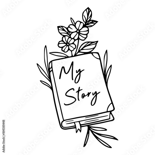 "my story" book line art with floral decoration