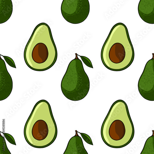 Seamless vector pattern featuring vibrant green avocados, both whole and halved, with visible brown pits and subtle textured skin details on a clean white background.