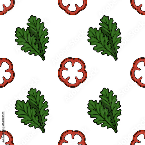 Seamless vector pattern featuring stylized red bell pepper rings and vibrant green kale leaves on a clean white background, perfect for culinary or health-themed designs.