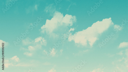 Photography Engraved vector halftone sky with clouds in vintage turquoise and cream gradient background