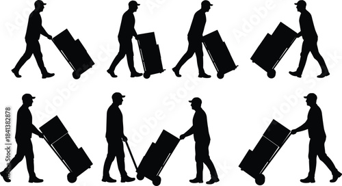 Worker silhouettes with hand trucks, delivery men moving boxes, logistics transport, manual labor illustration, cargo handling, warehouse shipping, freight movement, occupation