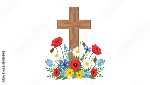 A wooden cross surrounded by a vibrant bouquet of colorful flowers including red poppies and blue forgetmenots on