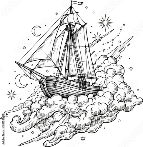 Majestic Celestial Sailboat Line Art