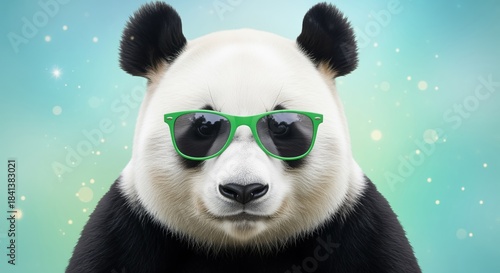 A cool panda bear wearing green sunglasses on a soft blue and green background. Perfect for fun designs, children's content, party themes, or playful marketing materials.