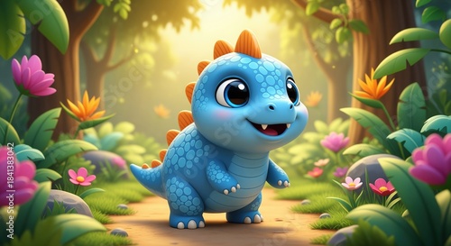 A cute blue baby dinosaur with orange spikes stands in a colorful jungle setting. Bright flowers and green plants surround the cheerful character. Perfect for kids' content and playful designs.