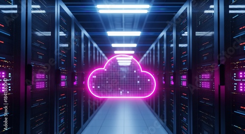 Modern server room with glowing pink neon cloud symbol in center. Rows of dark server racks line both sides. Perfect for cloud computing, data storage, and network technology concepts.