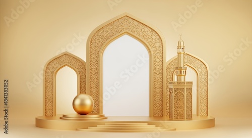 Golden arches and lantern with ornate patterns create an elegant display. Perfect for celebrating Islamic holidays, religious events, or cultural themes. The warm tones add a festive touch.