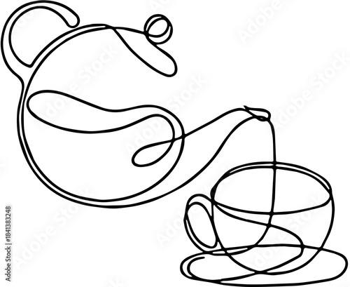 Continuous one-line drawing of a teapot pouring hot liquid into a tea cup or coffee mug resting on a saucer.