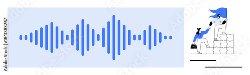 Sound engineering, collaboration, teamwork, innovation, leadership, communication strategies. Audio waveform alongside figures supporting each other on stairs. Sound engineering and collaboration