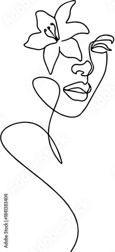 Continuous one-line drawing of a minimalist woman's face or portrait with a lily flower covering one eye.